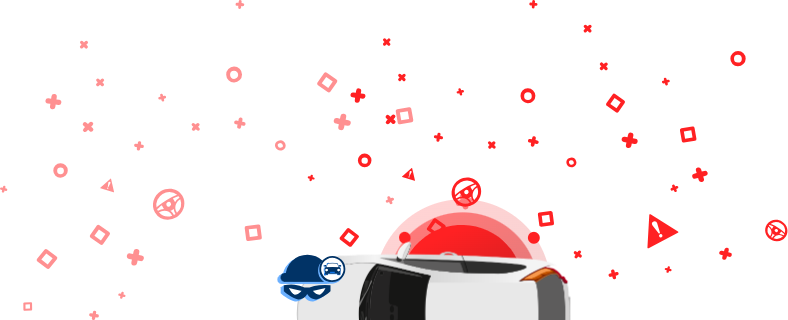 Um gráfico que mostra um carro embrulhado em fita de cena do crime, uma máscara de ladrão e um gorro com o ícone de um carro, num fundo vermelho. Um gráfico que mostra um carro embrulhado em fita de cena do crime, uma máscara de ladrão e um gorro com o ícone de um carro, num fundo vermelho.