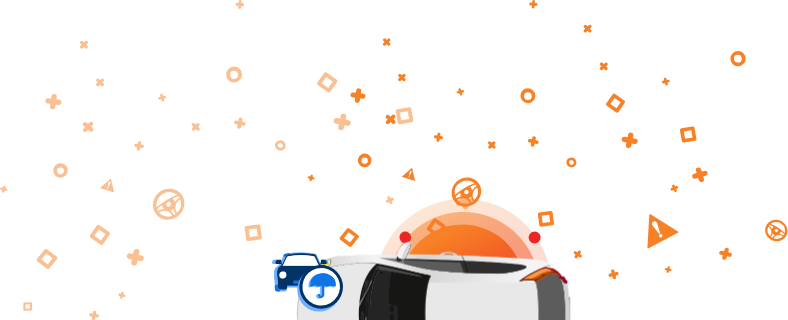 Carro branco visto de cima com ícones cor de laranja, incluindo a palavra SEGURADO? e outros símbolos automóveis Carro branco visto de cima com ícones cor de laranja, incluindo a palavra SEGURADO? e outros símbolos automóveis