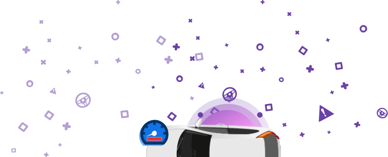 Imagem de um veículo danificado com um velocímetro com uma barra vermelha, sobre um fundo roxo. Imagem de um veículo danificado com um velocímetro com uma barra vermelha, sobre um fundo roxo.