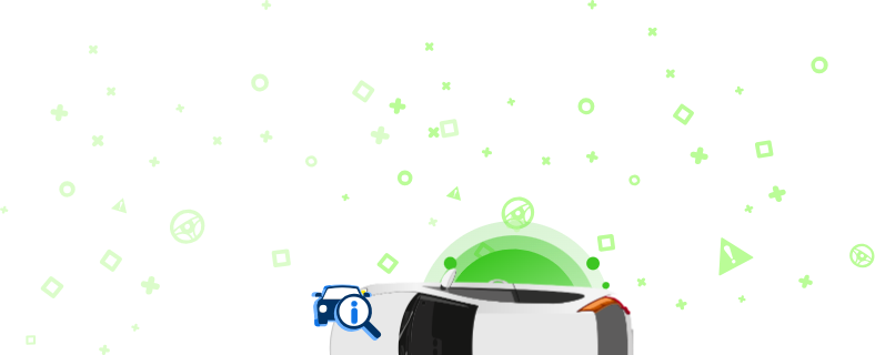 Ilustração de um automóvel com uma lupa que apresenta um ícone de informação, sobre um fundo verde com formas decorativas. Ilustração de um automóvel com uma lupa que apresenta um ícone de informação, sobre um fundo verde com formas decorativas.