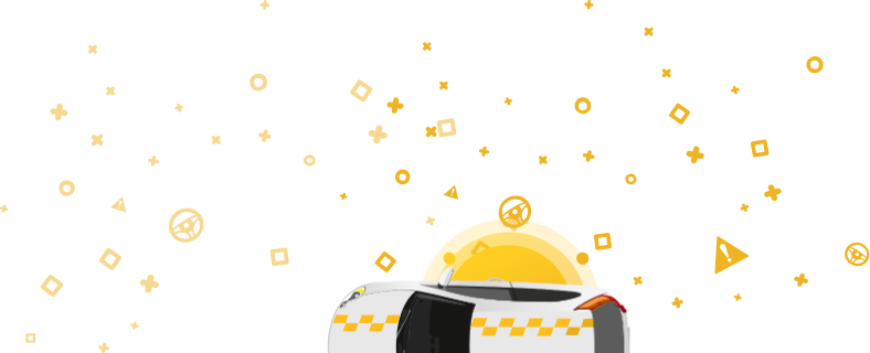 Imagem de um carro com um sinal de táxi no topo, sobre um fundo amarelo com formas geométricas. Imagem de um carro com um sinal de táxi no topo, sobre um fundo amarelo com formas geométricas.