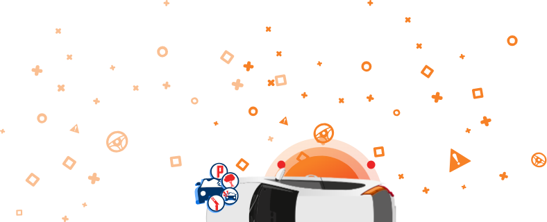 Ilustração de um automóvel danificado com ícones para ar condicionado, assistência ao estacionamento e bancos aquecidos, sobre um fundo laranja com formas geométricas. Ilustração de um automóvel danificado com ícones para ar condicionado, assistência ao estacionamento e bancos aquecidos, sobre um fundo laranja com formas geométricas.