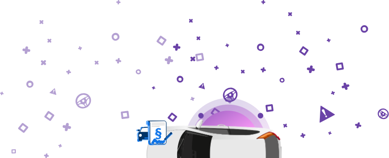 Uma imagem que apresenta um automóvel com um documento com um símbolo de parágrafo e uma assinatura, sobre um fundo roxo. Uma imagem que apresenta um automóvel com um documento com um símbolo de parágrafo e uma assinatura, sobre um fundo roxo.
