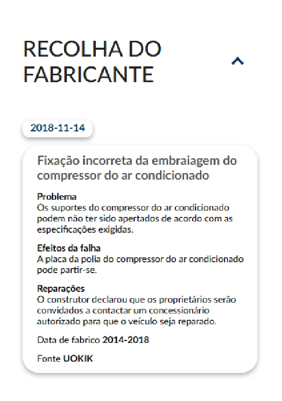  Relatório do histórico automóvel autoDNA - recolhas dos fabricantes