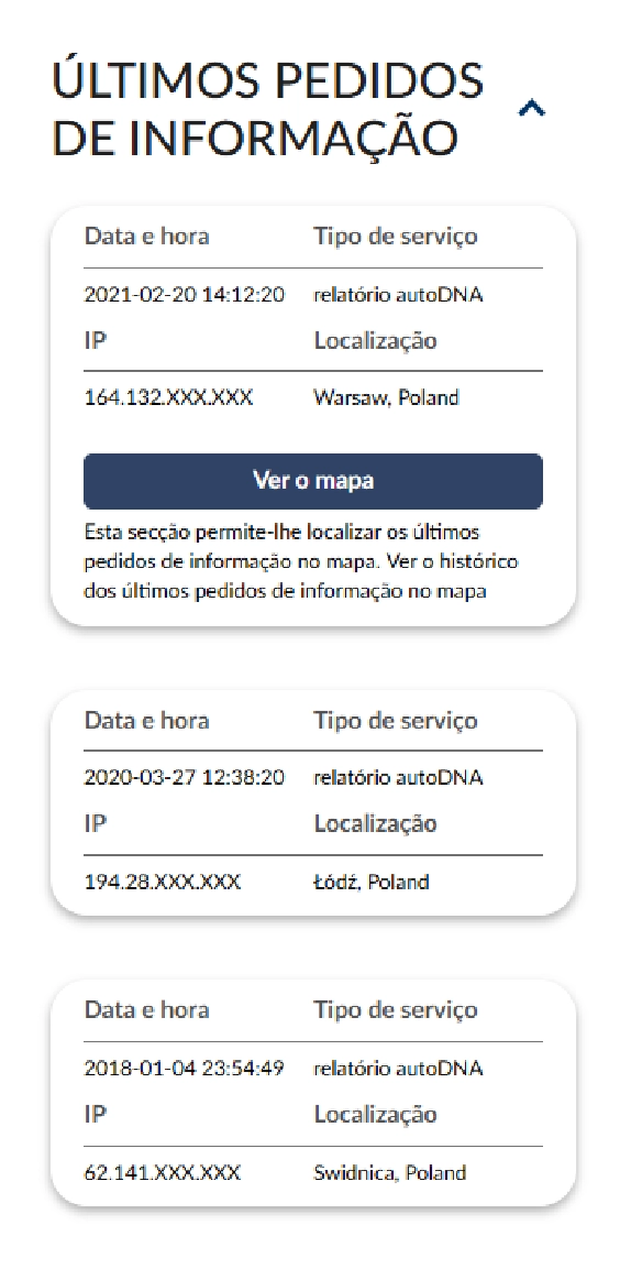 Relatório do Histórico Automóvel autoDNA - últimas pesquisas