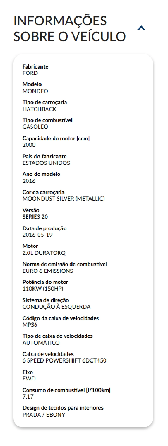 Relatório do Histórico Automóvel autoDNA - informações sobre o veículo