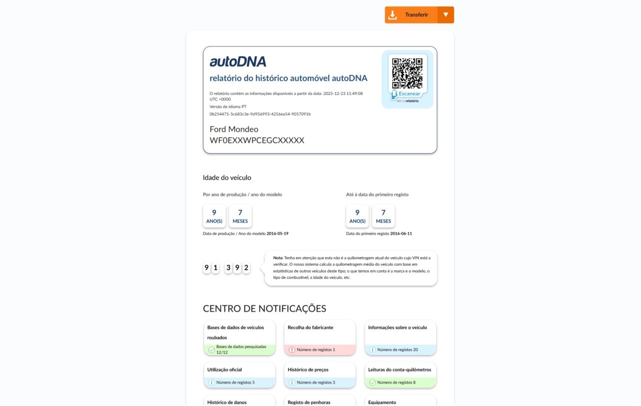 Exemplo de Relatório do Histórico Automóvel autoDNA - miniatura