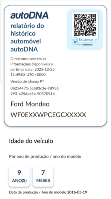 Exemplo de relatório do histórico automóvel autoDNA - miniatura