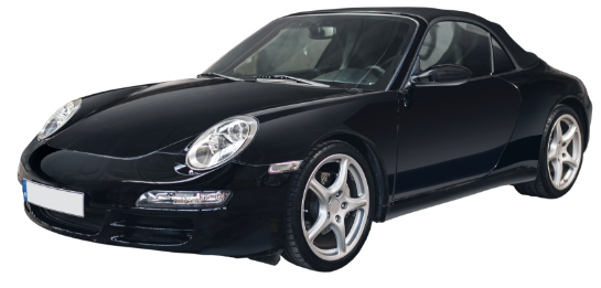 Carro Porsche preto em moldura com botão Antes de verificar/Depois de verificar na autoDNA.