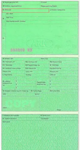 Onde encontrar o número VIN no documento de registo da Estónia - foto de pré-visualização