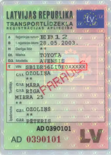 Onde encontrar o número VIN no documento de registo da Letónia - foto de pré-visualização