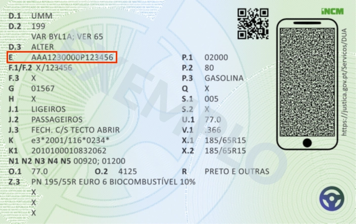 Exemplo de documento único automóvel dos EUA com número VIN marcado