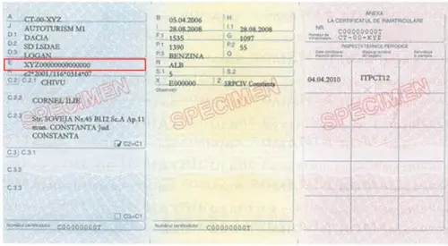 Onde encontrar o número VIN no documento único romeno - foto de pré-visualização